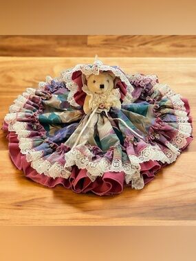 Vintage Teddy Bear Handmade Dress Lace Petticoat, Bonnet, Lace, Ribbon, Earrings